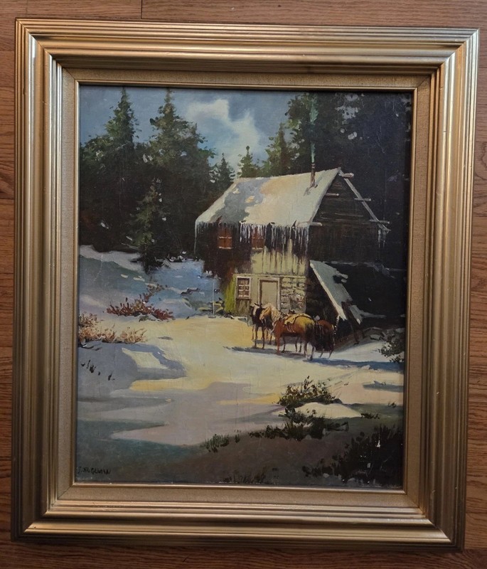 Oil Painting-“Cozy Mt. Lodge”-Horses-Winter Landscape-Western Art-