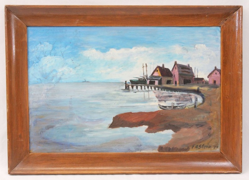 Vintage 1959 Oil Painting 15×23 Lone Harbor Village Nautical Ocean Folk Art