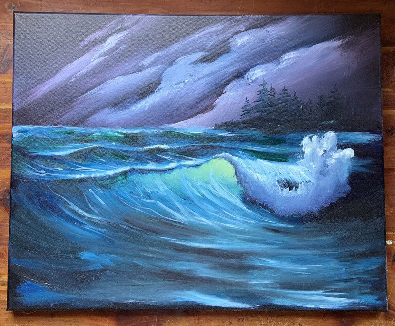 Original Painting Black Seascape Stormy ocean beach 16×20 (Bob Ross Style)