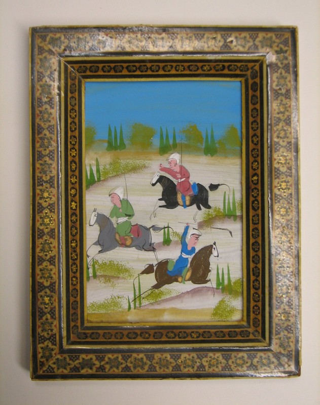 Persian miniature painting depicting a hunting or polo scene in khatam frame