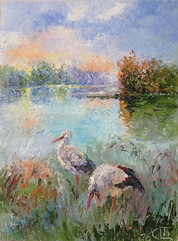 Painting "Storks". Oil on hardboard. 7x9 inc. Handmade. 2026. Unframed.