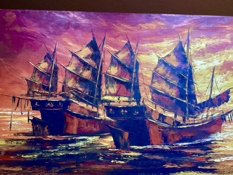 MCM Oil Painting Of Chinese Junks At Sunrise/Sunset By Vargas 24×48
