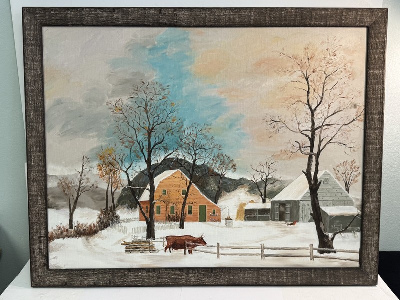 Stephen W. Shultz Original Oil on Board Painting Winter Farm Scene 30×23.5 Folk