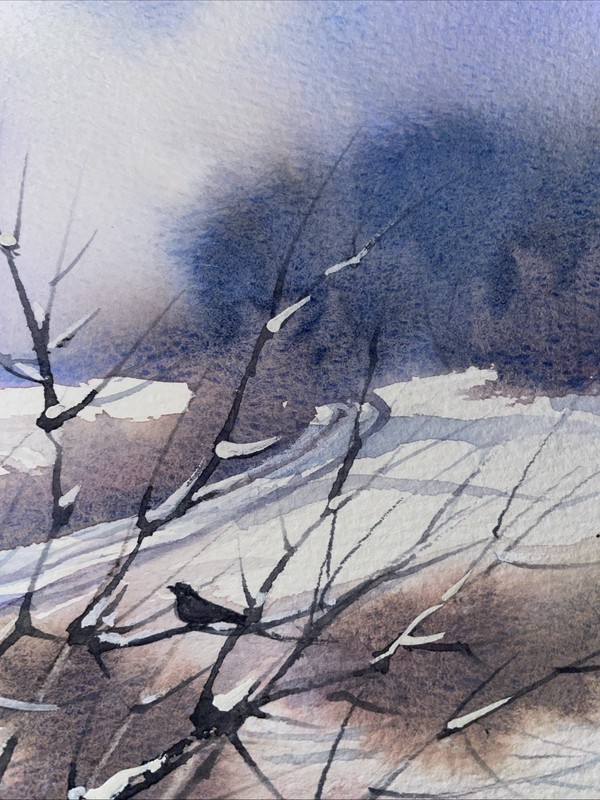 9”x12” Pamela Wilhelm Original Loose Watercolor Winter Road Birds Tree Landscape gallery