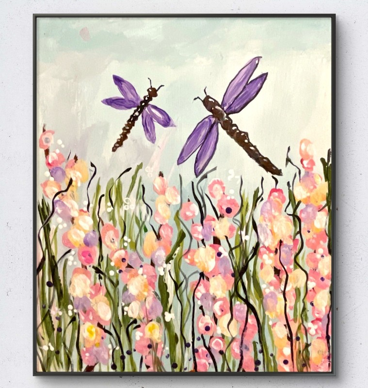 Mary Myers Original Dragonflies in Wildflowers 8×10 Acrylic on Wood Panel