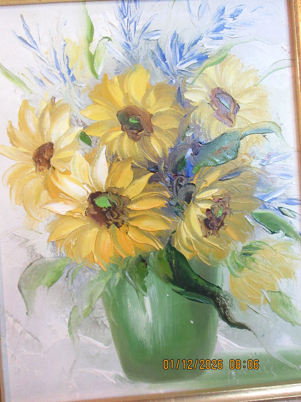 FRAMED~GOLD PAINTED BAMBOO~OIL ON CANVAS PAINTING OF SUNFLOWERS SIGNED P. WILLIS gallery
