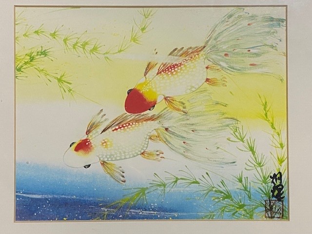 Gary Poon Signed Watercolor On Silk 2 Goldfish Matted & Framed W/ Glass 14"x11" gallery