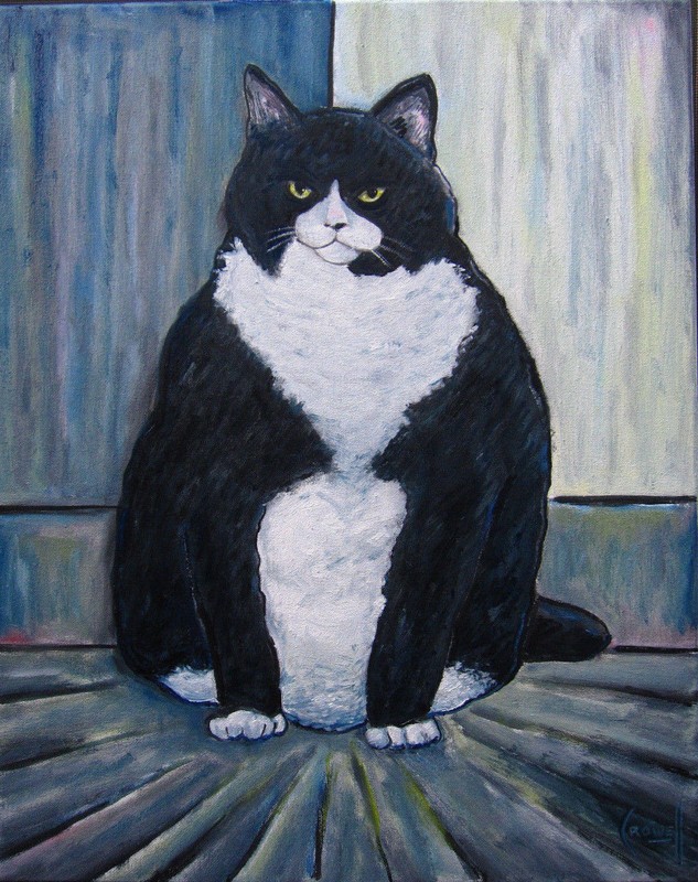 FLUBMAN oil painting fat cat 16×20 canvas modern original art signed CROWELL