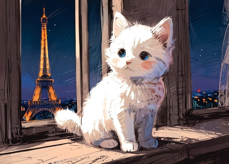 ACEO Mini *Art Print* White Cat Baby Kitten & Paris Eiffel Tower by Saulite