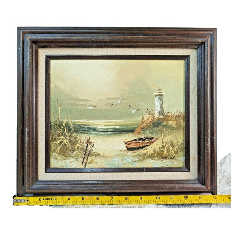 Lighthouse Beach Sea Coast 1960s Painting signed Holland | 12×14 Wood Frame