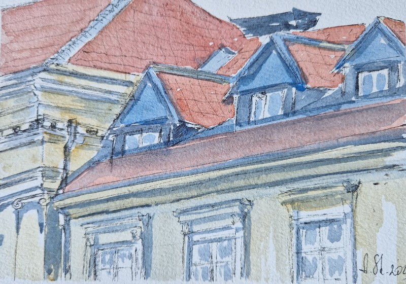 Original watercolor painting European cityscape old town Warsaw roofs 5×7″