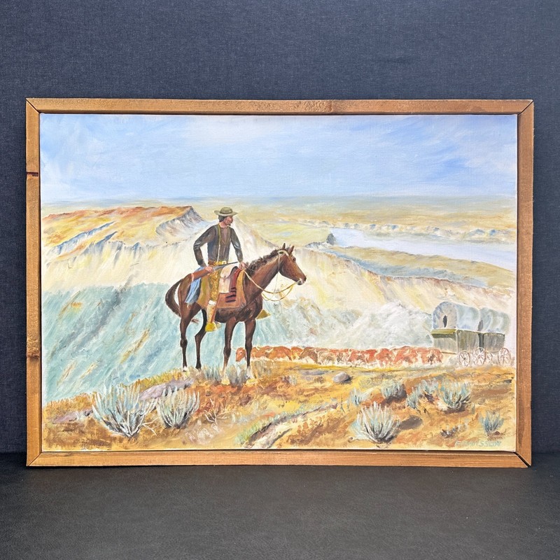 VTG Western Americana Painting FRANSSON Cowboy WILD WEST Cattle Drive Frontier