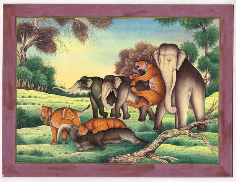 Wildlife Nature Art Of Leopard And Elephant Fighting Scene Painting 12×9 Inches