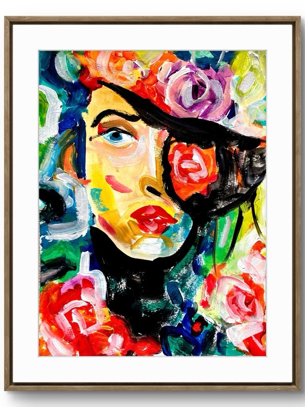 TITA PAINTZ Woman Face Flower Hat Portrait Hand Painted 9×12 Wall Art