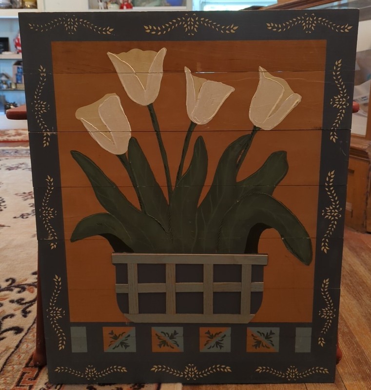 Vintage Vanguard Studios Folk Primitive Painted Floral Basket Scene on Wood