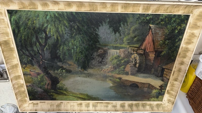 Realism, L. Musolf, Framed Landscape Painting River Waterfall Watermill Signed gallery