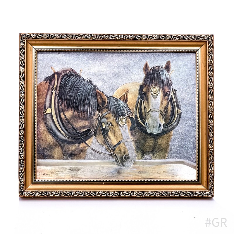 Vintage Gemälde „Pferde an der Tränke“ signiert mit Bilderrahmen 30 x 25 cm