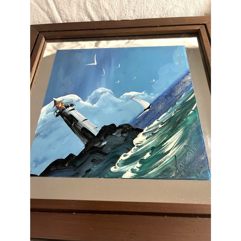 RARE 1996 Lighthouse Scene Painted on Mirror Signed Art Piece by Tom Dunham gallery