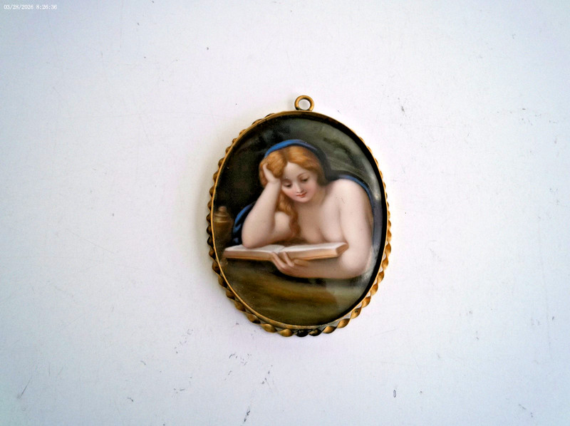 Miniature Oval Painting on Porcelain of Nude Woman Reading a Book