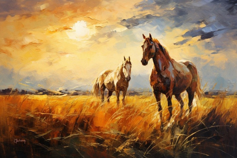 Original Western Hand Painted Oil Painting-30×20 Horses In Golden Light Signed