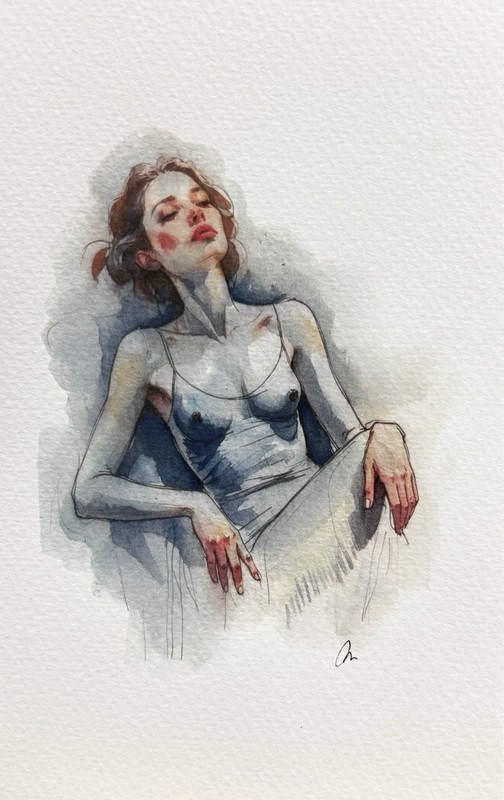 Original Watercolor Painting Female Portrait Book Page Size (5.5 × 8.5 inches)