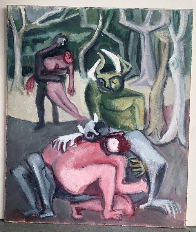 “George Conrad” American b. 1916 NJ Cubist Abstract Oil Painting on Wood/Canvas