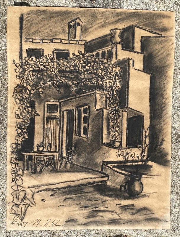 1962 Signed Abstract Cubist Charcoal Drawing Modernist Architecture Ramos 15x20 gallery