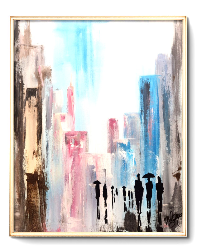 Abstract City Rain Painting 16x20 Original Modern Urban Wall Art Umbrella gallery