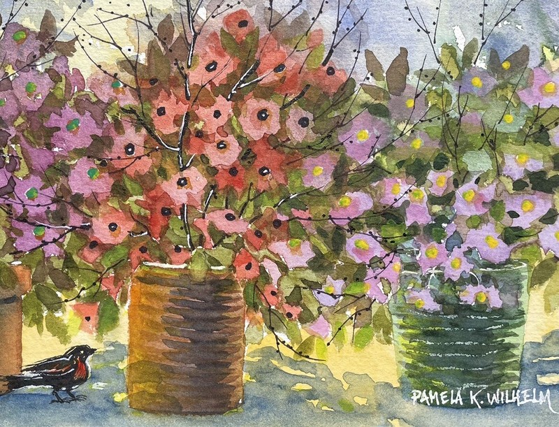 Pamela Wilhelm 9.5”x5.25” original watercolor Pots Of Flowers With Bird gallery