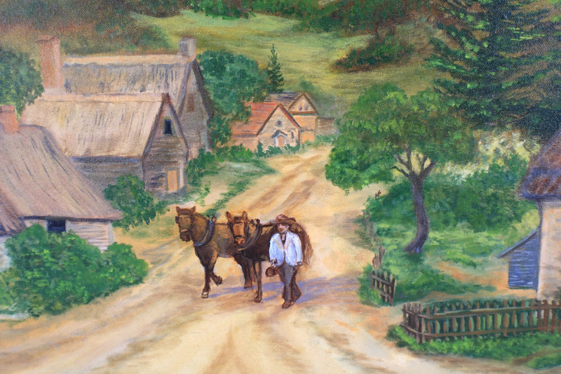 English Village Landscape Man Walking Horses Oil Painting Signed Carmel Dann gallery