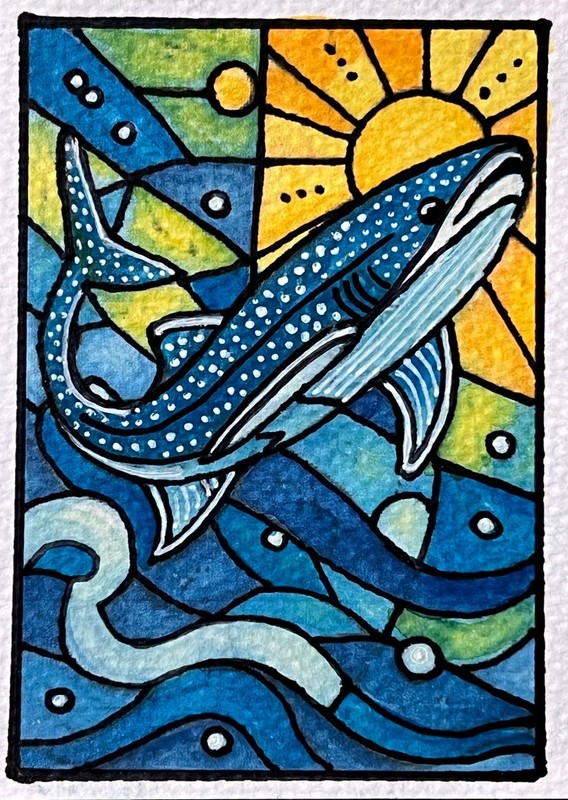 ACEO Original Art, Tiny Art – Watercolor – Whale – Whale Shark 2