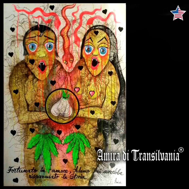 Original Painting Contemporary Art Humor Cartoon Psychedelia Pop Adam Eve Garlic