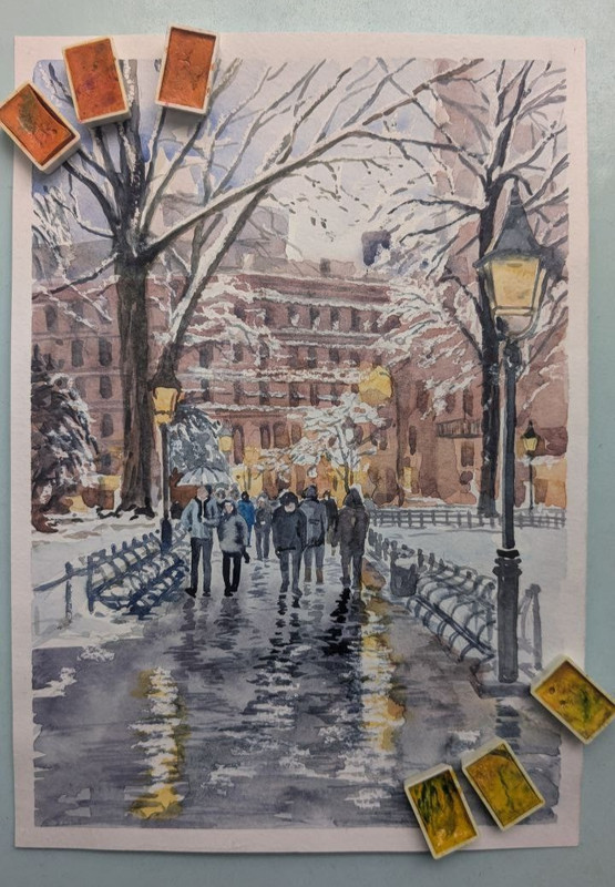 Urban Winter Evening City Watercolor Painting Snowy Road Street Lights A4 Art gallery