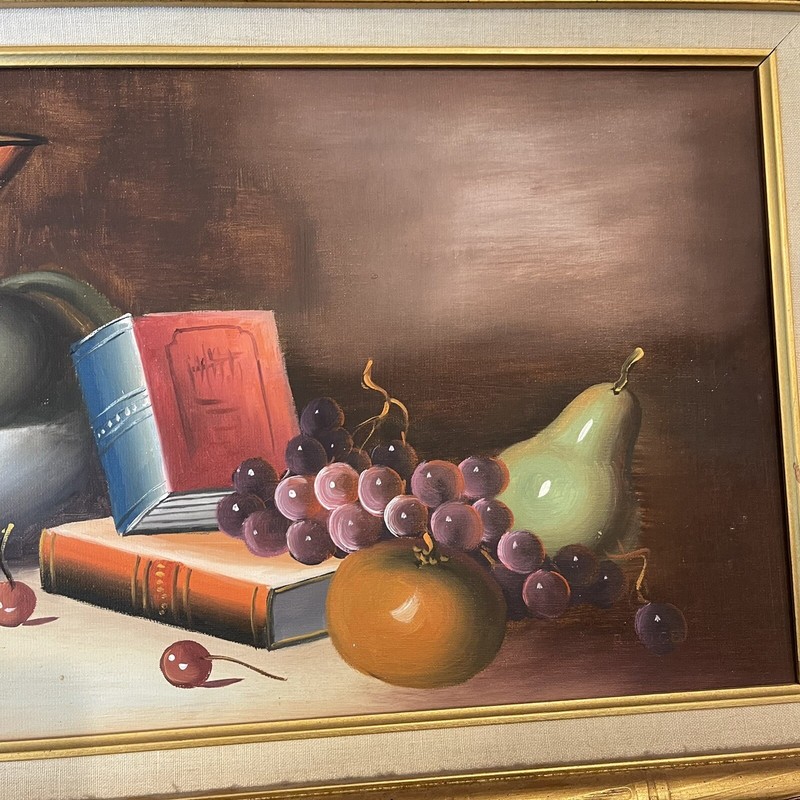 Vintage Oil On Canvas Still Life Fruit Pitcher Books Gold Gilt Faux Bamboo Frame gallery