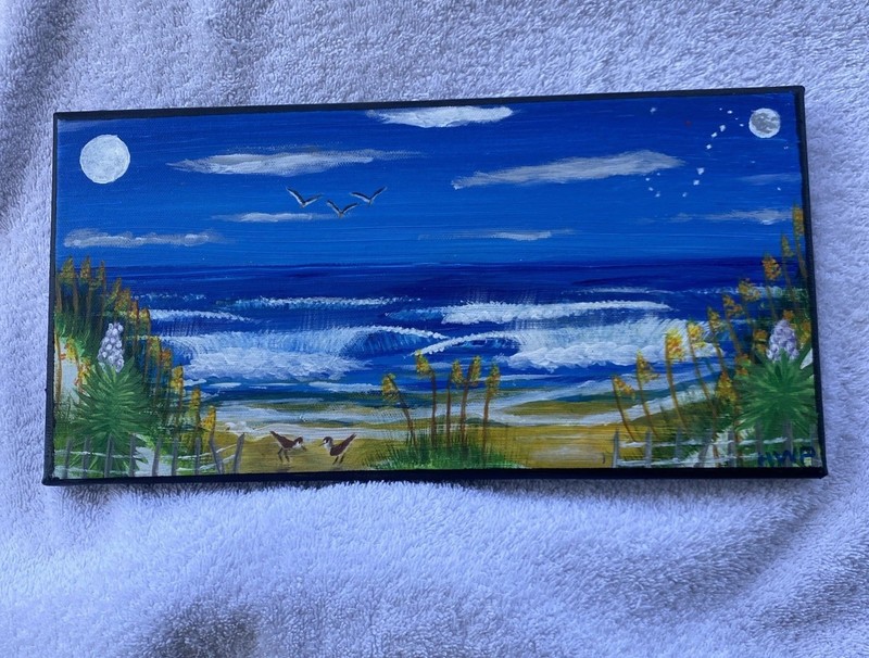 Primative Origional Beach Painting 14 x 7 Canvas