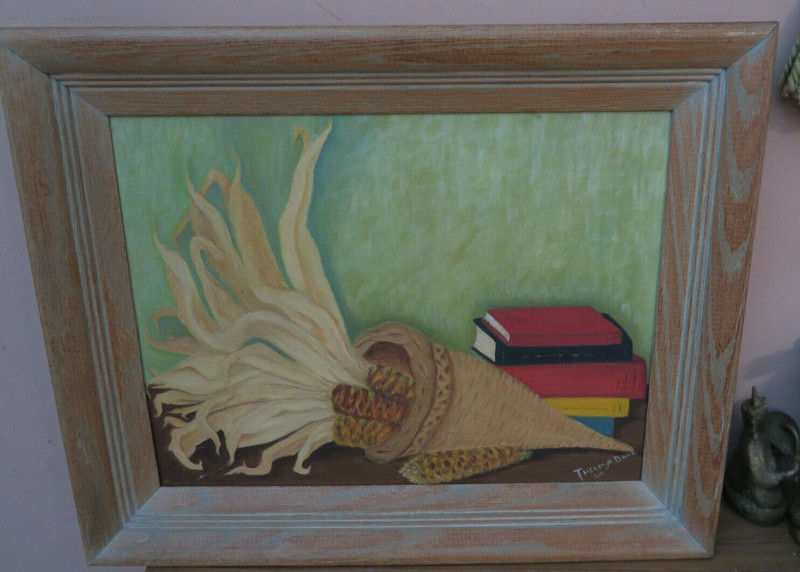 Vintage Signed Thelma Daxe 59 oil on Artists panel painting 12″ x 16″ Cornucopia