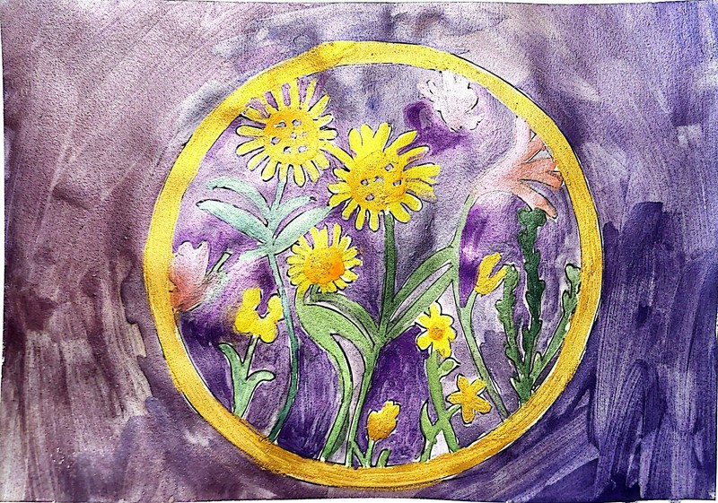 Garden On Purple Contemporary Expressionist Pearlescent Watercolor 9×12 Paper