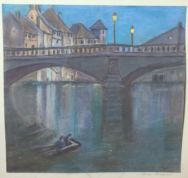 Mid-Century 1960's Pastel Painting Nocturnal Amsterdam Cityscape & Canals Scene gallery