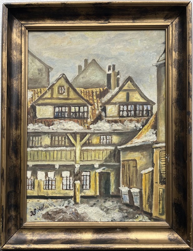 Impressionist Winter Day House View Backyard Snow Oil Painting V Holm Signed gallery