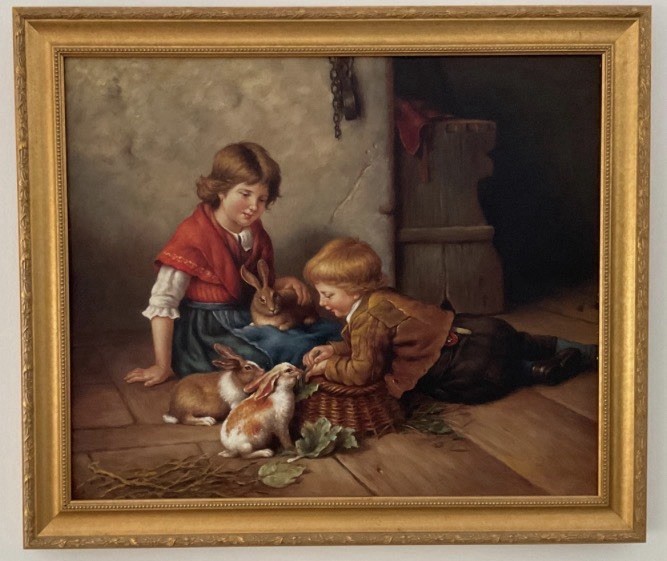 Framed Genre Scene Oil Painting Of Children Feeding Rabbits 28” X 24”