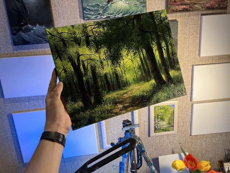 Original Forest Oil Painting, Summer Sunrise Woods Landscape, Green Trees Art gallery