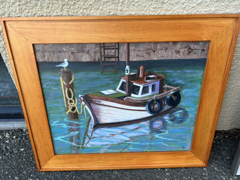 Vintage Framed & Signed Oil Painting Of Moored Boat Edna Mae — Signed By “EL”