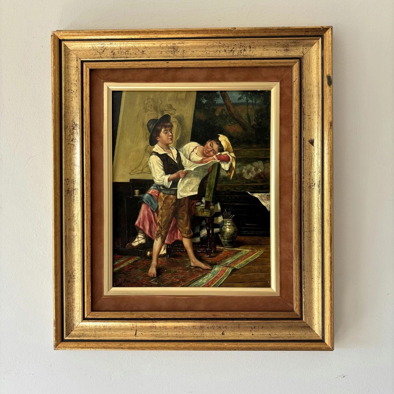 Detailed Figurative Oil Painting «Reading Boy» Rustic Small Artwork