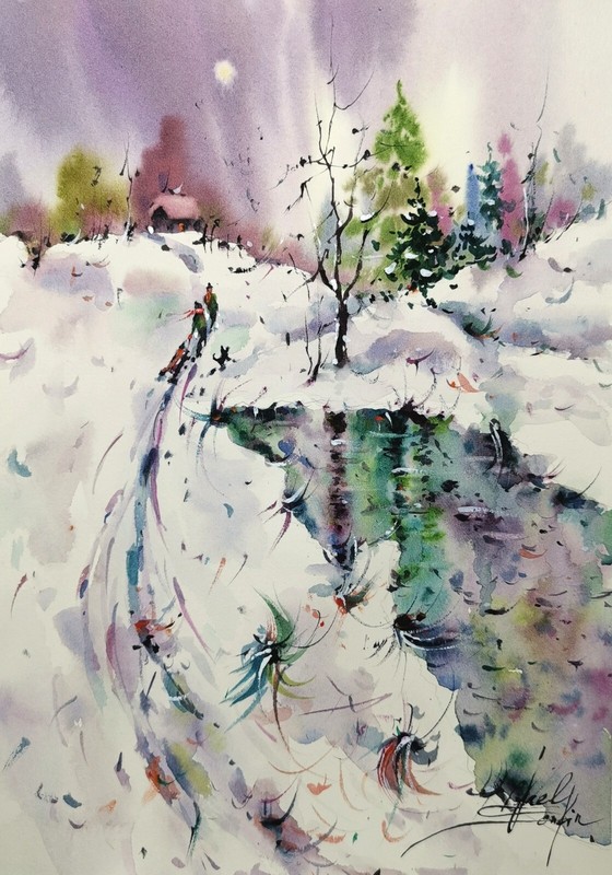 Original Watercolor Winter landscape Painting – Snow Village Wall Art, 12″x9″