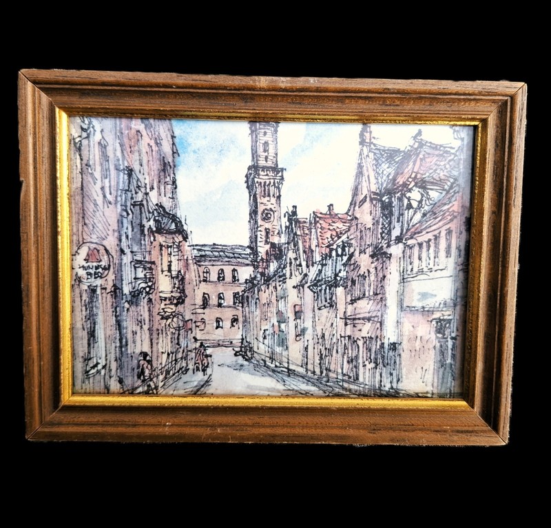 Karl Dörrfuss «Fürth» Watercolored Charcoal Drawing 18×13.5cm 1960s 1/3 (Trilogy)