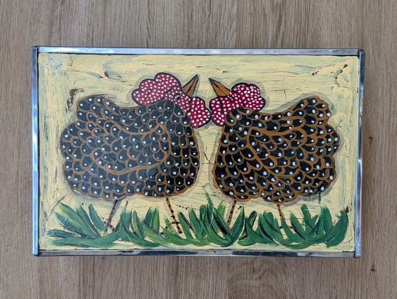VINTAGE Original HEN CHICKEN Painting on WOODEN Box w/ Latch DOUBLE SIDED 13.5″