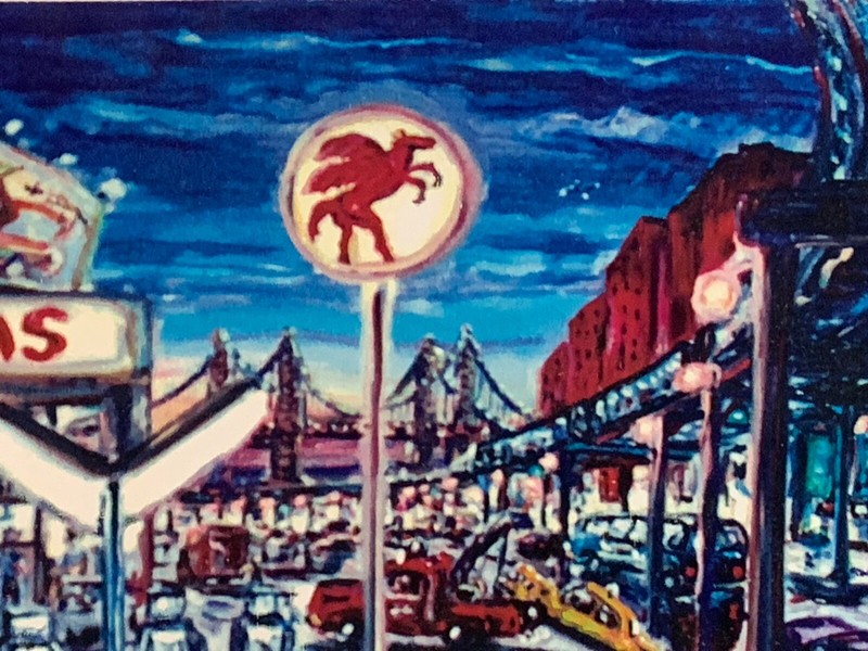 GAS STATION DREAM Original Print Arthur Robins Oil Painting NYC subway cars taxi gallery
