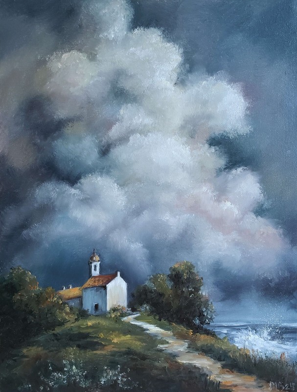 Original Oil Painting Coastal Chapel Storm Clouds 12x16 Seascape Landscape Art