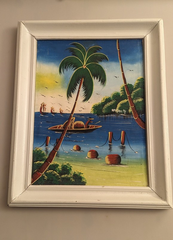 Vintage 1990s Palm Tree Nautical Theme Framed Signed Painting. 20″x16″