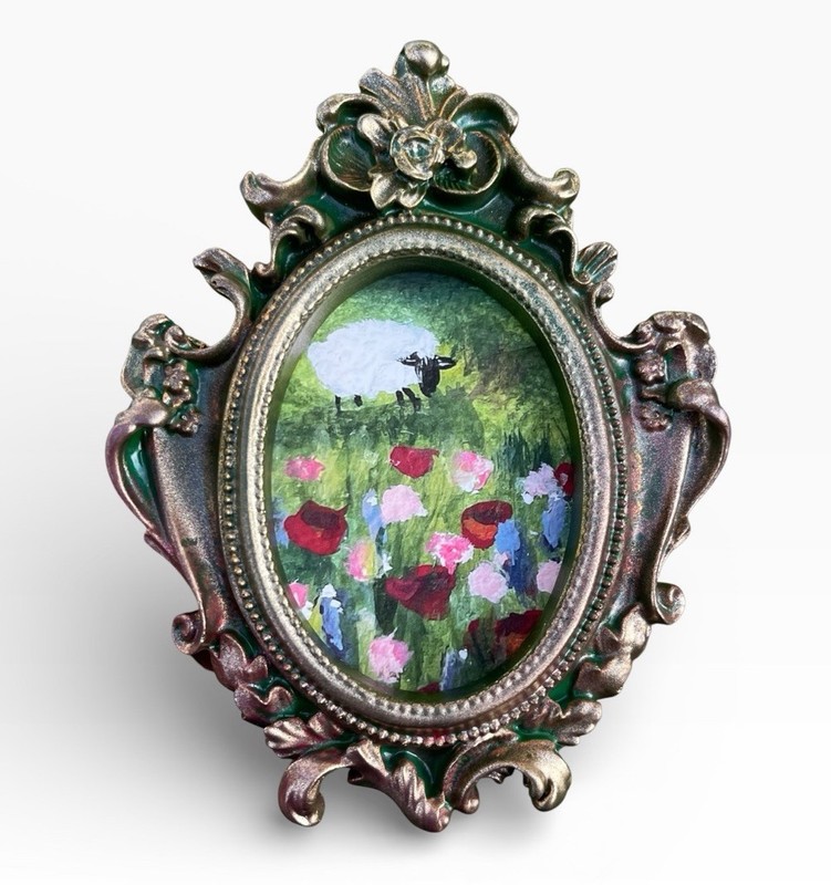 Sheep floral meadow landscape Giclee fine art print in mini vintage style frame